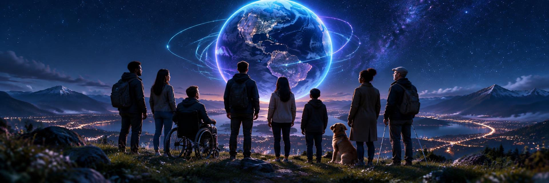 A diverse group of people, including wheelchair users and a person using a guide cane, stand together on a hill at night looking up at a large glowing planet Earth lit in cyan and violet, with neon light trails across a dark navy sky.