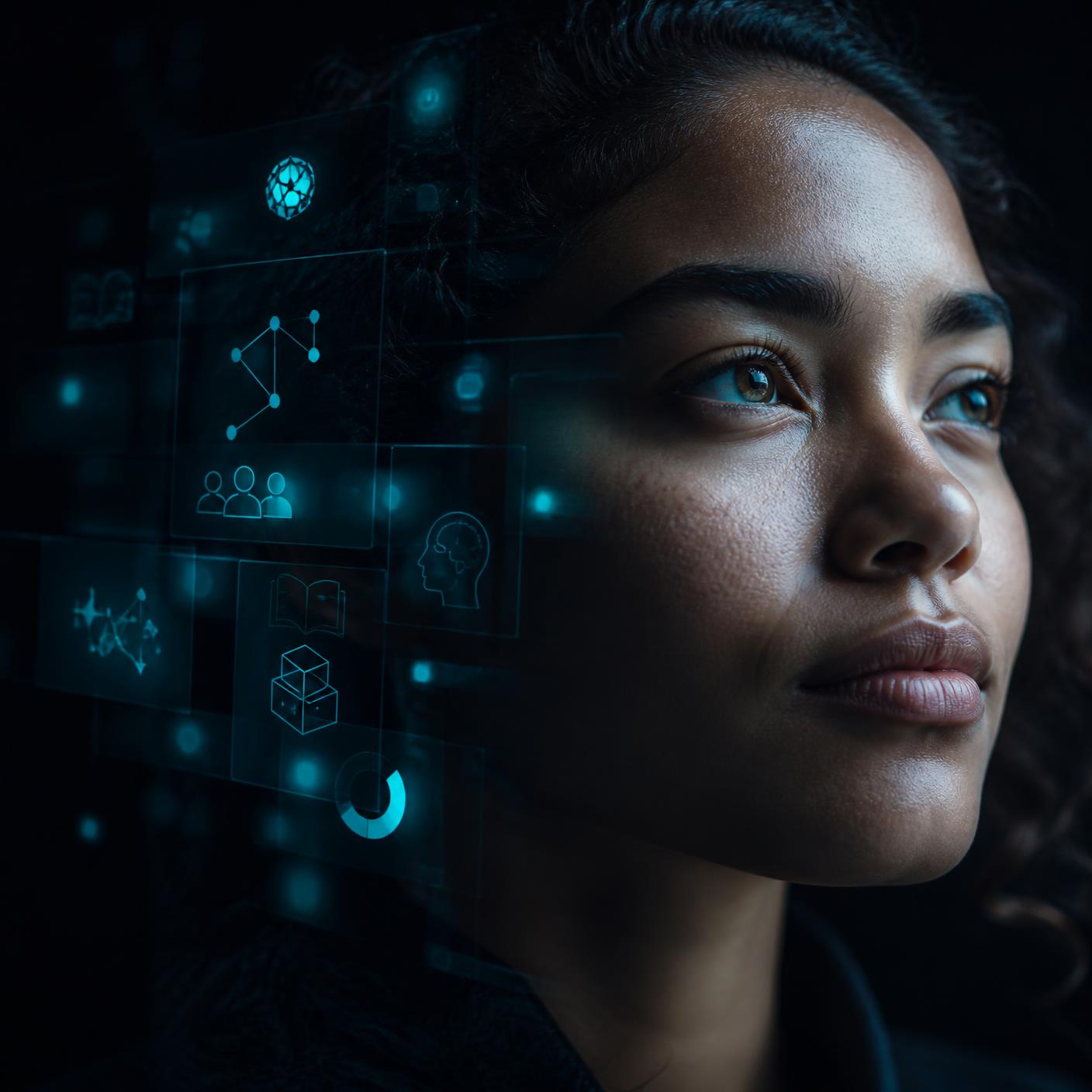 A person surrounded by luminous symbols representing skills and experience