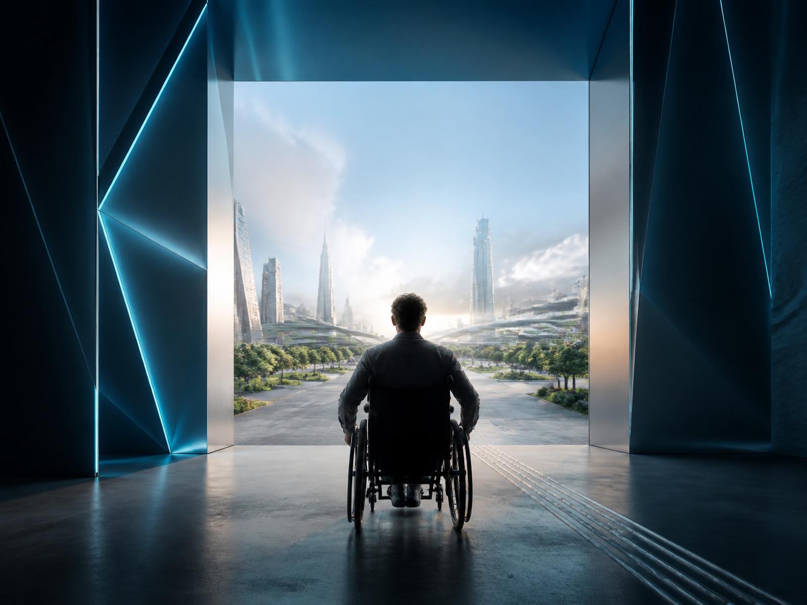 A wheelchair user looking toward an open, accessible city of the future